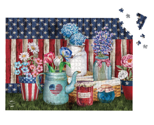 Jigsaw puzzle with a patriotic theme featuring flowers and a teapot against an American flag background.