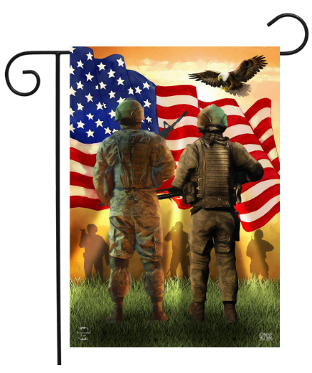 Decorative flag with two soldiers, an American flag, and an eagle.
