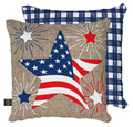 Decorative pillow with American flag design on a burlap background