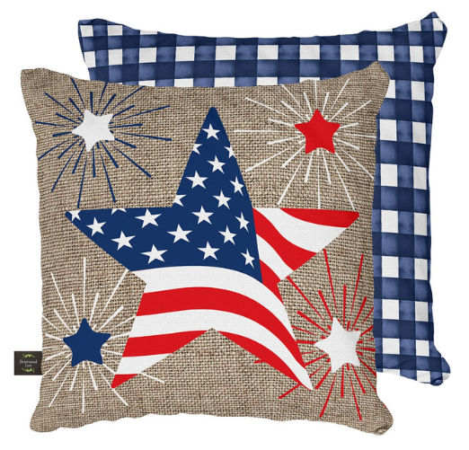 Decorative pillow with American flag design on a burlap background