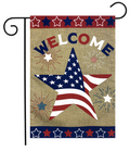 Decorative garden flag with American flag design and 'Welcome' text on a burlap background.