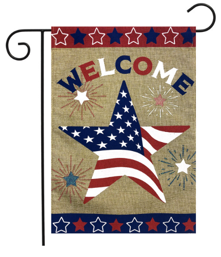 Decorative garden flag with American flag design and 'Welcome' text on a burlap background.