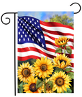 American flag with sunflowers on a garden flag holder