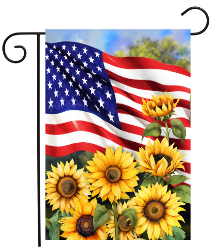 American flag with sunflowers on a garden flag holder