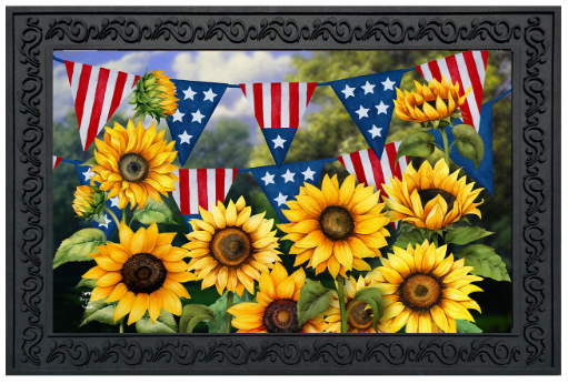 Decorative mat with sunflowers and American flags in a decorative frame.