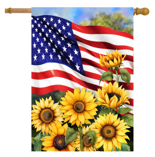 American flag with sunflowers on a white background