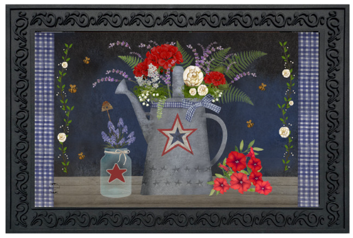 Decorative mat with floral design and star-themed elements on a dark background