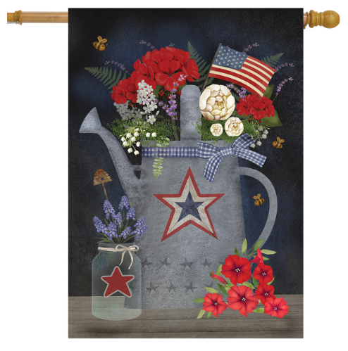 Decorative flag with a watering can, flowers, and American flag design on a dark background.