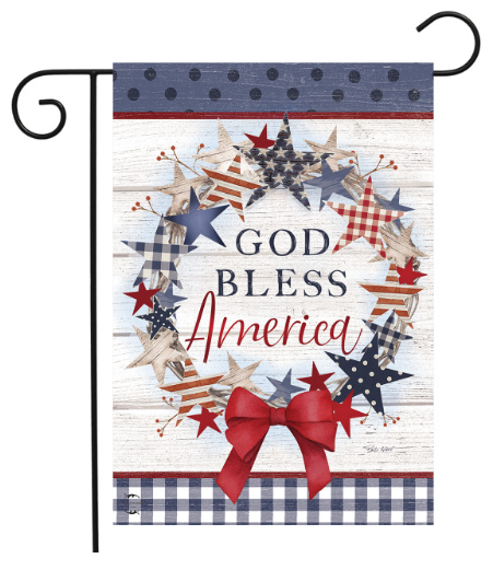 Decorative garden flag with stars, a bow, and 'God Bless America' text on a white background.