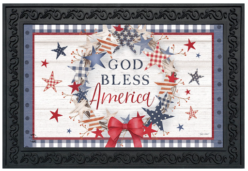 Decorative mat with 'God Bless America' text and patriotic design, framed in black.