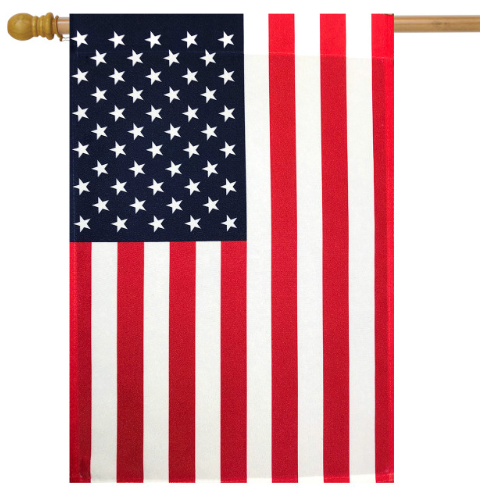 American flag on a wooden pole with a white background