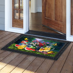 Decorative doormat with a colorful design of food and flowers on a wooden floor.
