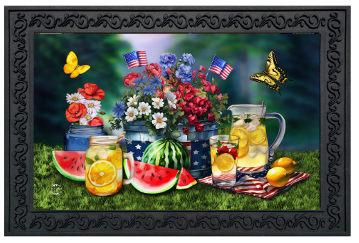 Summer-themed scene with lemonade, flowers, watermelon, and American flags on a decorative mat.