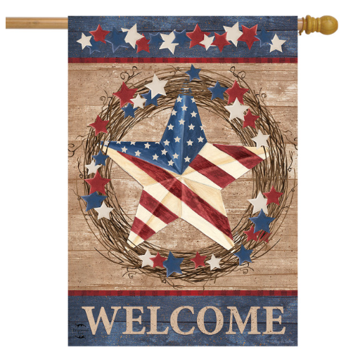 Decorative flag with American flag design, stars, and the word 'WELCOME' on a wooden background.