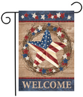 Decorative flag with American flag, stars, and 'Welcome' text on a wooden background.