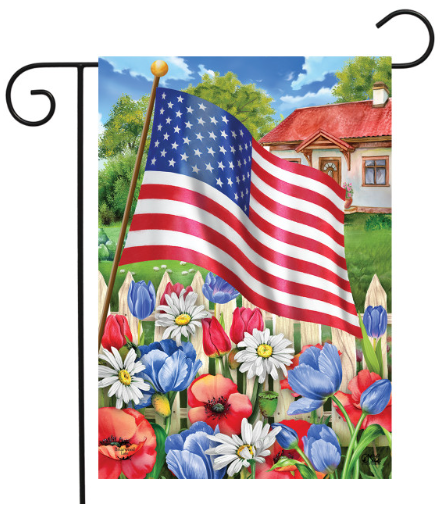 American flag with a garden scene featuring flowers and a house.