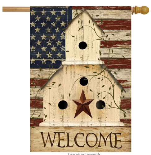 Decorative flag with a birdhouse design featuring an American flag and the word 'Welcome'.