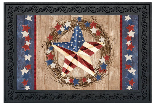 Decorative mat with American flag design and star patterns on a wooden background