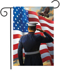 Decorative flag with a person saluting an American flag and an eagle in the background