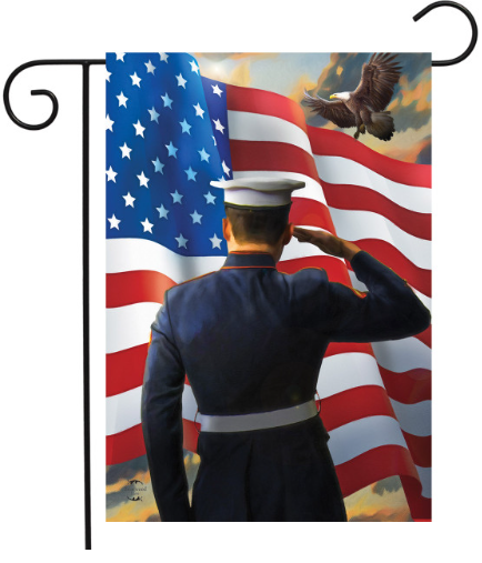 Decorative flag with a person saluting an American flag and an eagle in the background