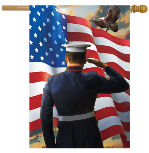 Decorative flag with a soldier saluting an American flag and an eagle.