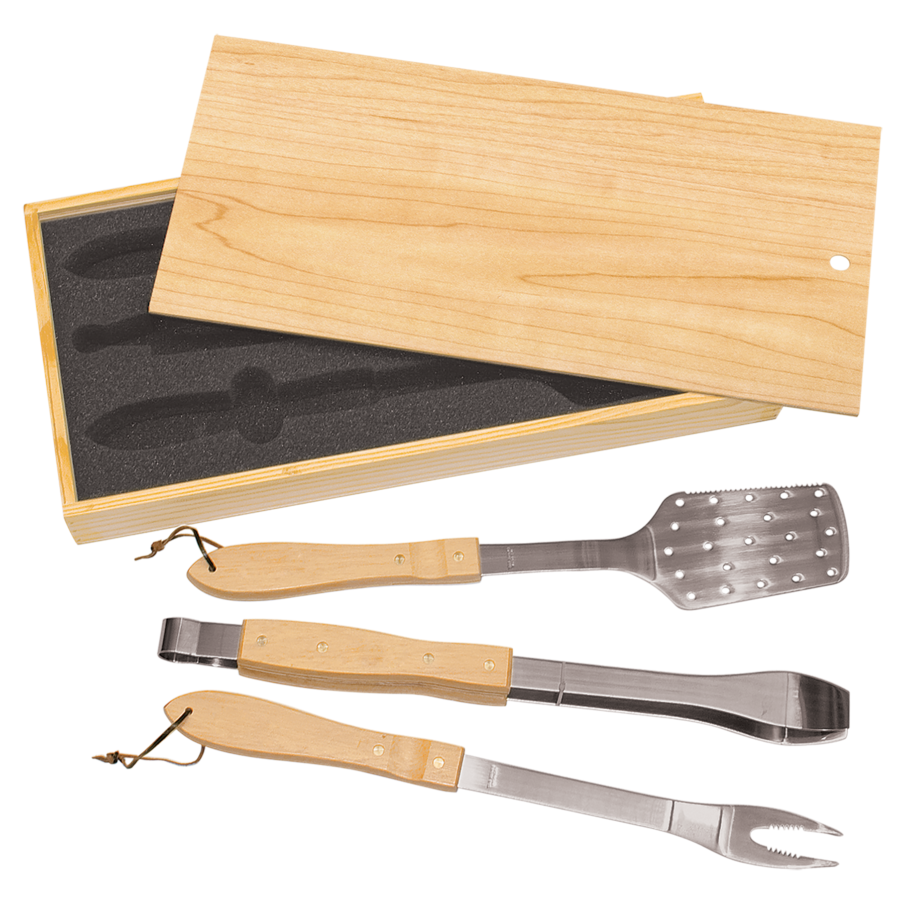 Set of four barbecue tools with wooden handles in a wooden box on a white background
