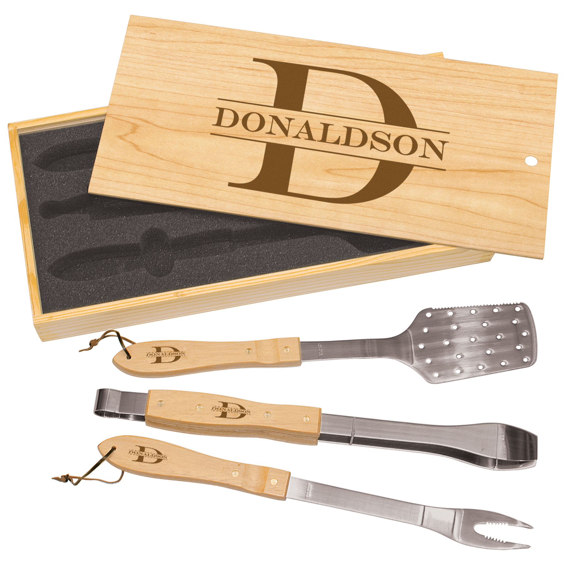 Set of three BBQ utensils with wooden handles and metal ends, displayed in a wooden box with 'Donaldson' branding.