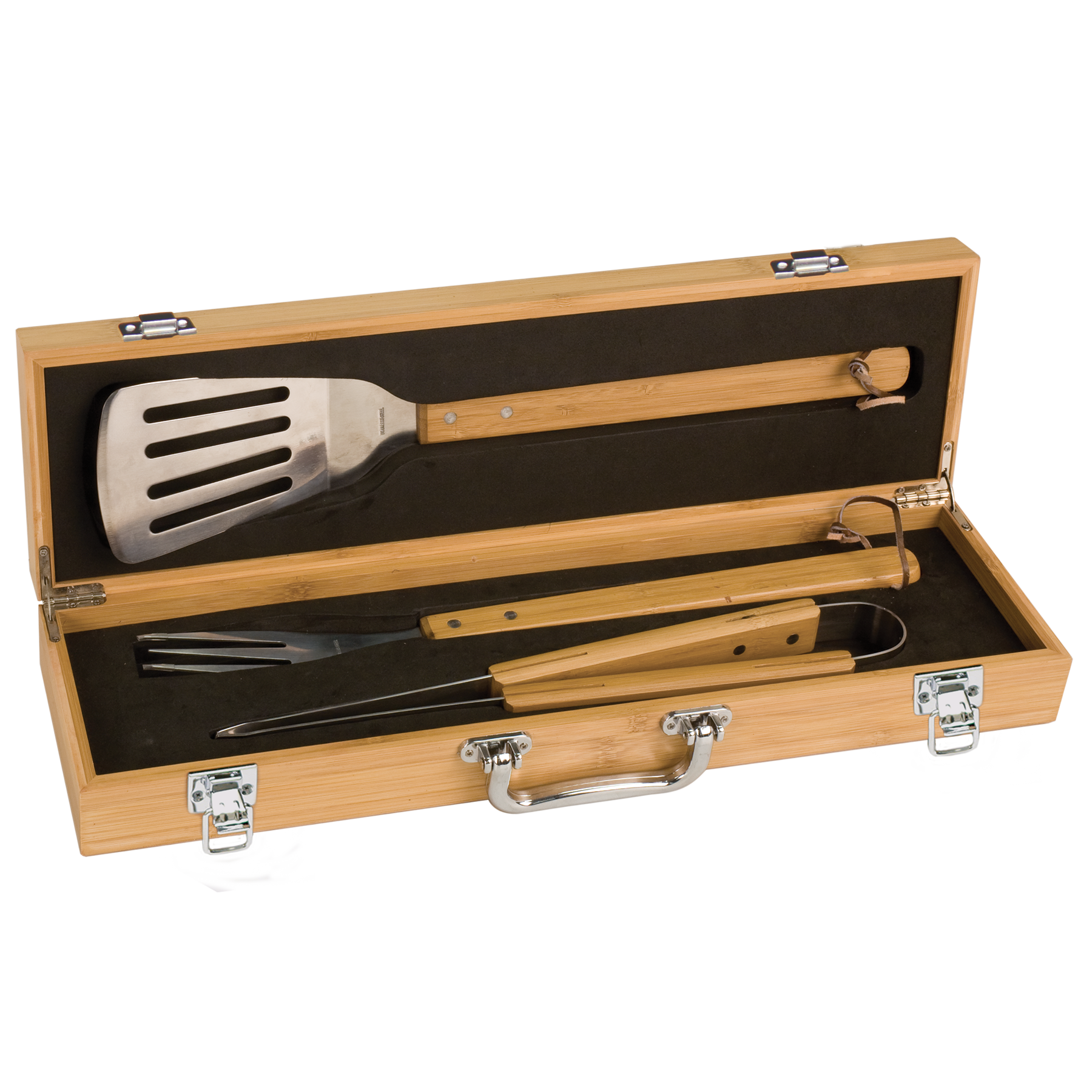 Set of barbecue tools in a wooden case on a white background