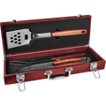 Barbecue tool set with wooden handles in a red case on a white background