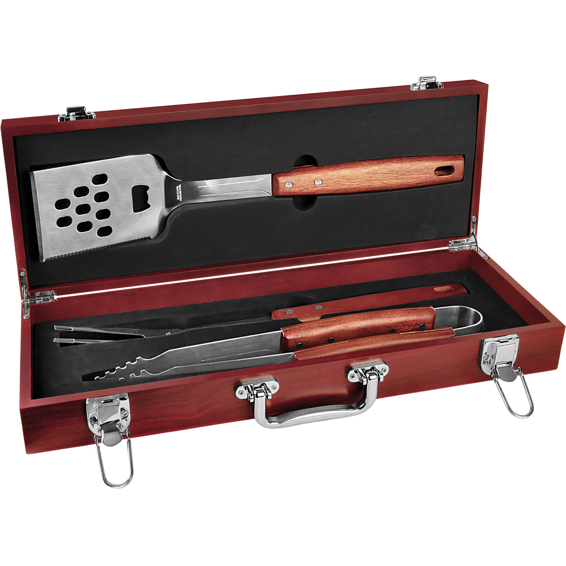 Barbecue tool set with wooden handles in a red case on a white background