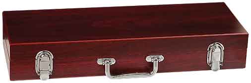 Wooden wine box with metal clasps on a white background