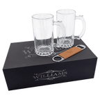 Lazerburst Personalized Beer Gift Set – Two 14 oz. Mugs & Rawhide Leatherette Bottle Opener
