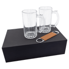 Lazerburst Personalized Beer Gift Set – Two 14 oz. Mugs & Rawhide Leatherette Bottle Opener