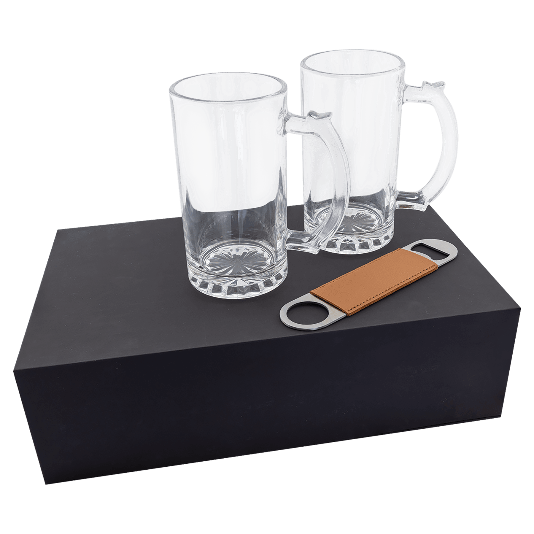 Lazerburst Personalized Beer Gift Set – Two 14 oz. Mugs & Rawhide Leatherette Bottle Opener