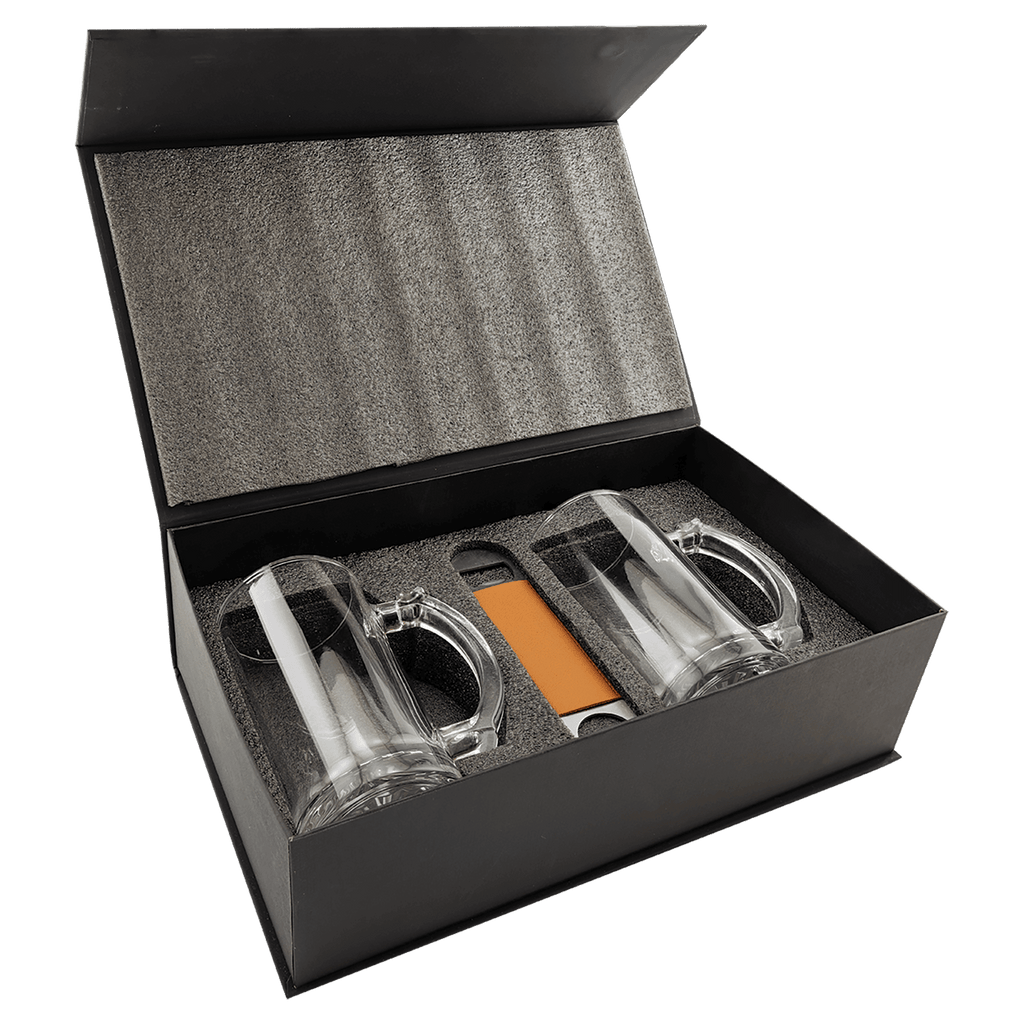 Lazerburst Personalized Beer Gift Set – Two 14 oz. Mugs & Rawhide Leatherette Bottle Opener