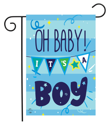 Decorative garden flag with 'Oh Baby! It's a Boy' text on a blue background