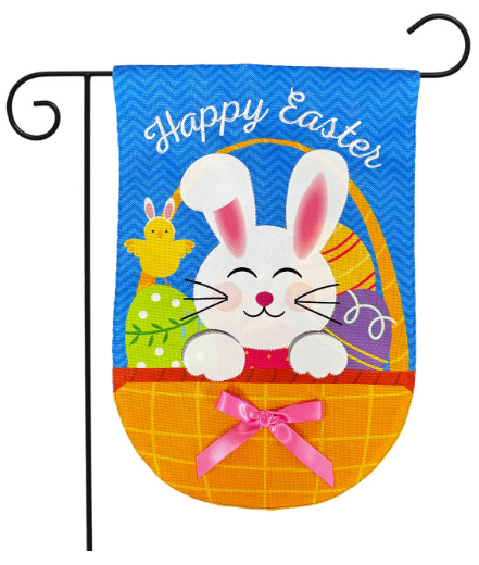 Easter-themed garden flag with a bunny, chick, and eggs on a blue background.