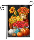 Baskets of Mums garden flag with fall floral mums in baskets, displayed as outdoor porch and yard decor.