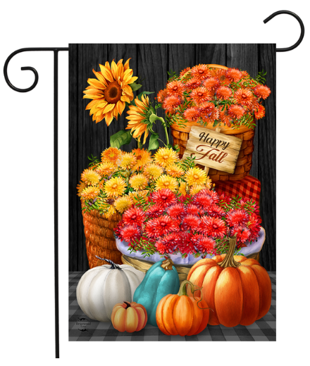 Baskets of Mums garden flag with fall floral mums in baskets, displayed as outdoor porch and yard decor.