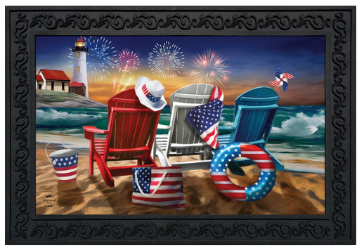 Beach scene with chairs, American flags, and fireworks near a lighthouse.