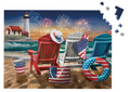 Jigsaw puzzle with a beach scene featuring chairs, an American flag, and fireworks.
