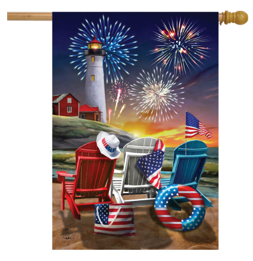 Decorative flag with a lighthouse, chairs, and fireworks on a beach.