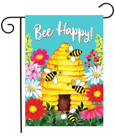 Decorative garden flag with a beehive, bees, and flowers, featuring the text 'Bee Happy!'.