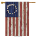 Decorative flag with wooden texture and star design on a white background