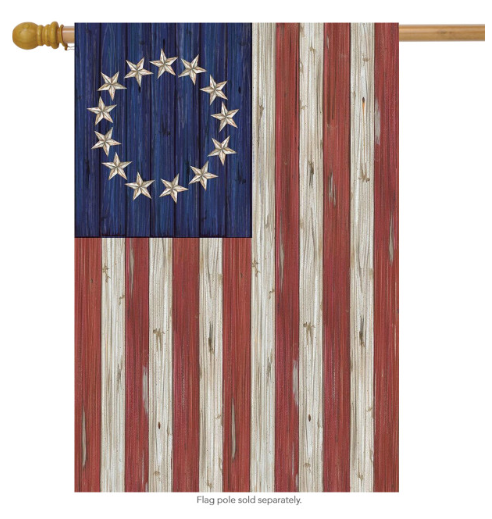 Decorative flag with wooden texture and star design on a white background