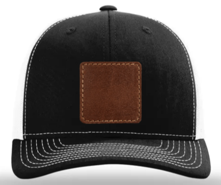 Black cap with a brown leather patch on a white background