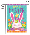 Easter-themed garden flag with a bunny, eggs, and flowers on a blue background.