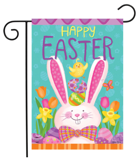Easter-themed garden flag with a bunny, eggs, and flowers on a blue background.