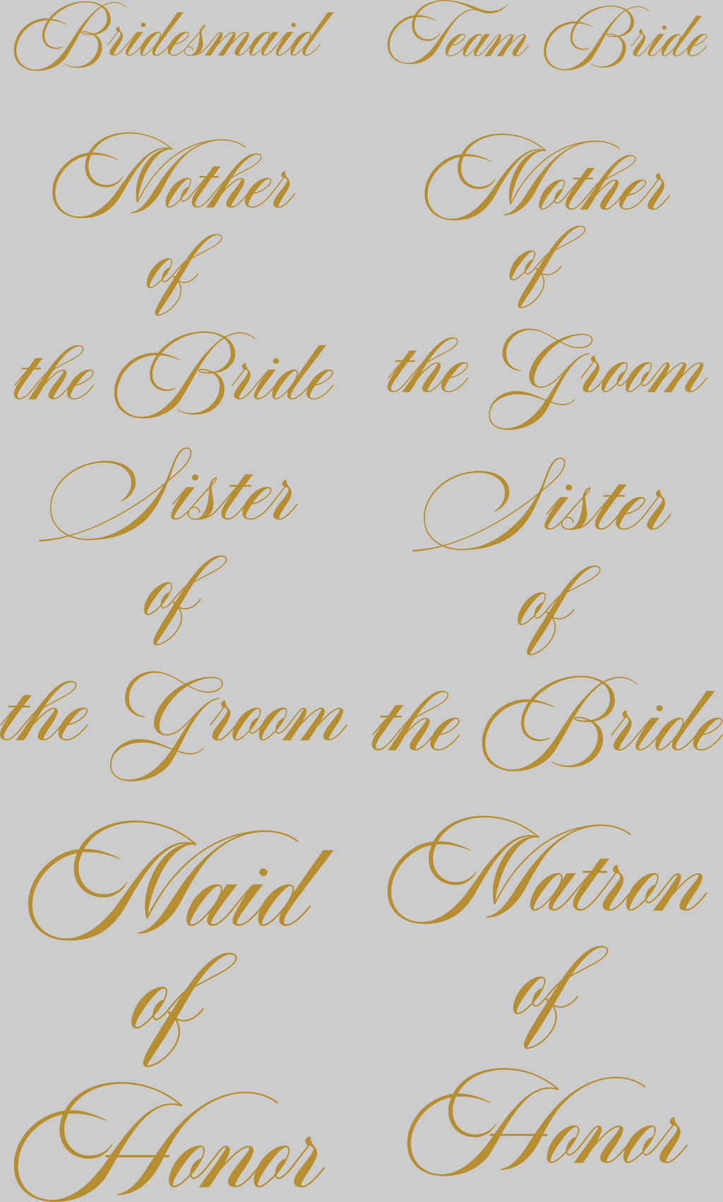 Gold text on a light gray background for wedding roles.