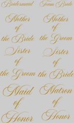 Gold text on a light gray background for wedding roles.